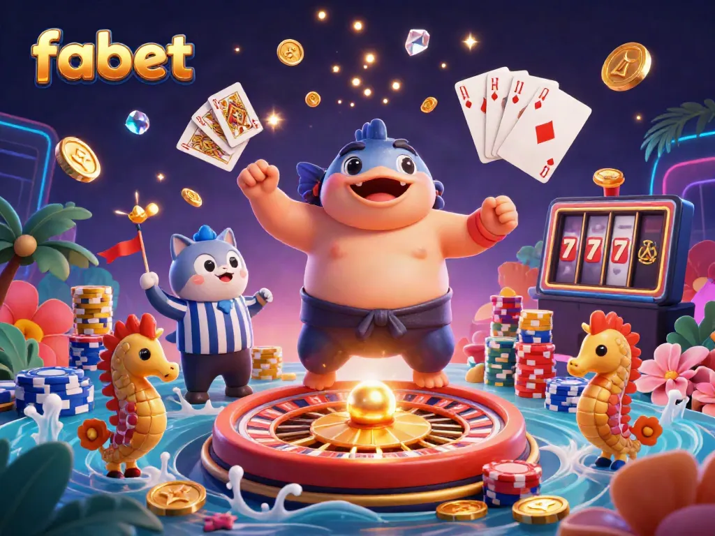 Experience exciting gameplay at FABET with vibrant 3D scenes showcasing a fugu and casino elements.
