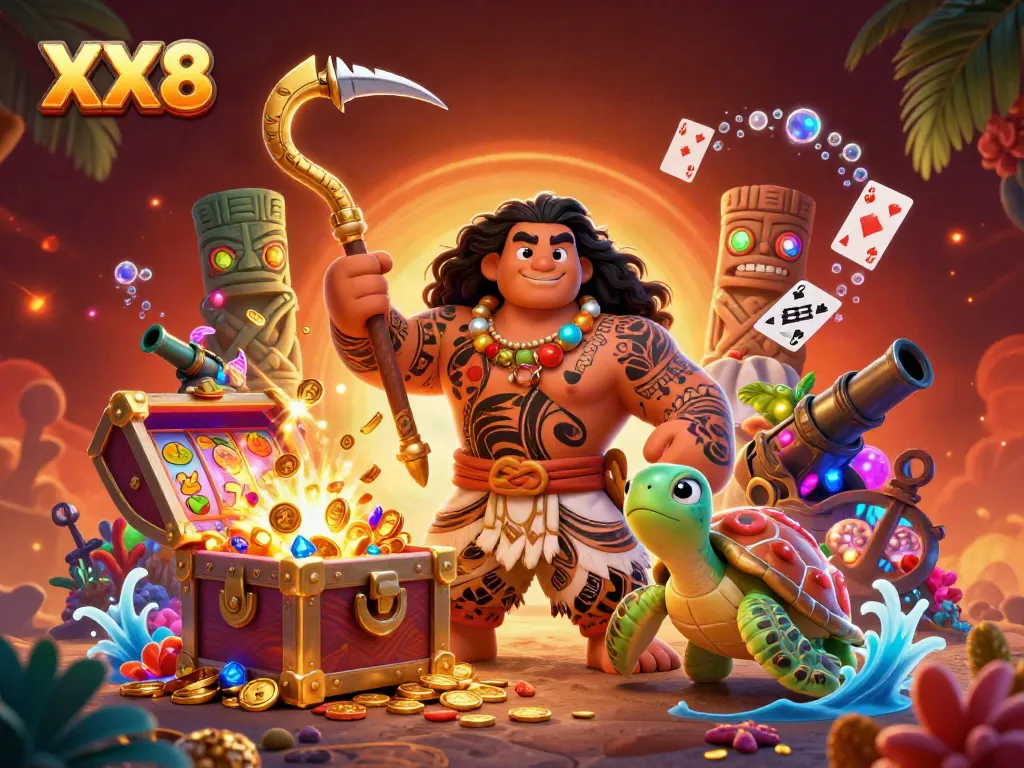Watch the hawk and turtle in an exciting XX8 casino scene with glowing treasures and vibrant slot reels.