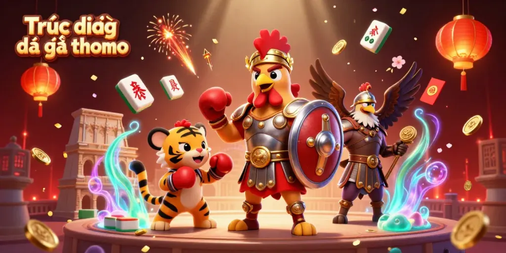 Experience Trực tiếp đá gà thomo with a dynamic colosseum scene featuring a gladiator rooster.