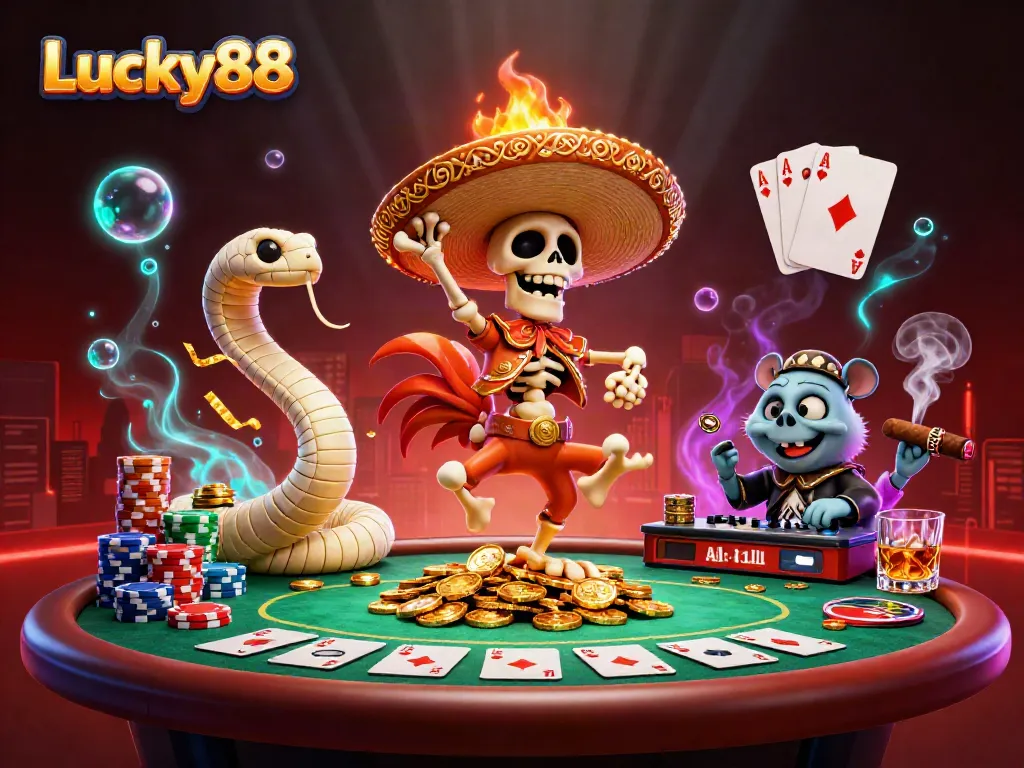 Exciting Lucky88 scene with a triumphant skeleton mariachi rooster dancing on coins among colorful poker chips and cards.