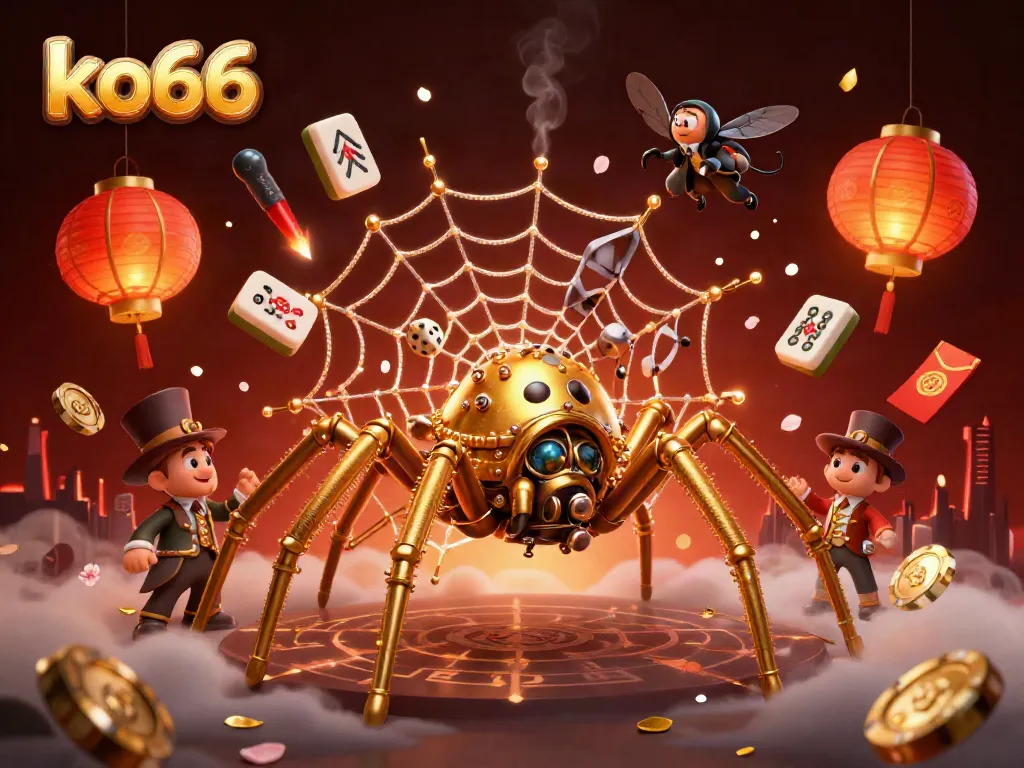 Experience the excitement of ko66 with a steampunk spider, poker chips, and winning symbols in a vibrant casino atmosphere.