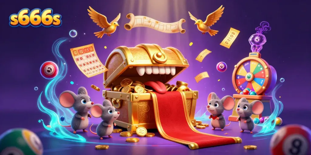 Engage with the vibrant world of s666s, featuring colorful lottery elements and a treasure chest of riches.