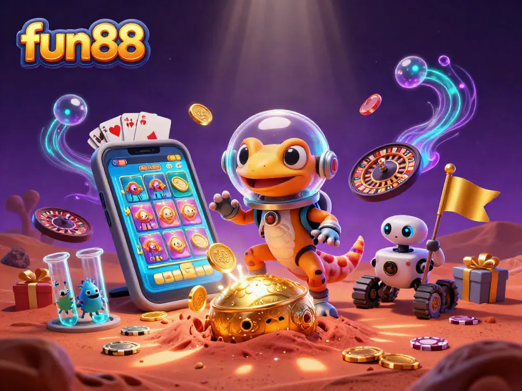 Experience the excitement of fun88 with a Martian gecko uncovering a hidden casino on Mars.