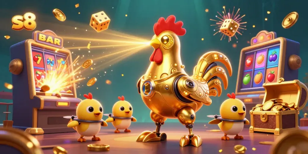 S8 players engaging with a vibrant 3D casino scene featuring a golden rooster robot amidst a jackpot slot explosion.