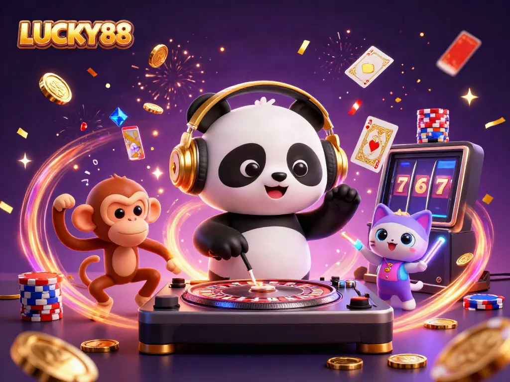 LUCKY88 casino-themed illustration with a DJ panda, dancing monkey, and glowing kitten surrounded by gambling elements.