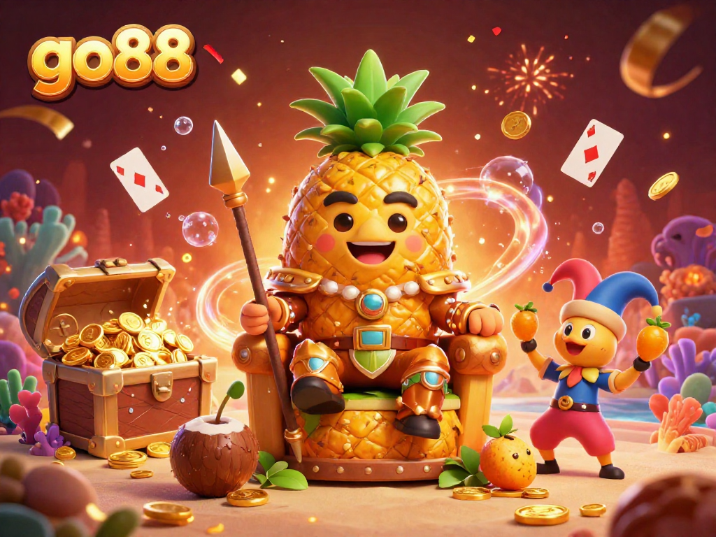Engage with go88 casino magic featuring a lively scene of a golden pineapple king and tropical guards.