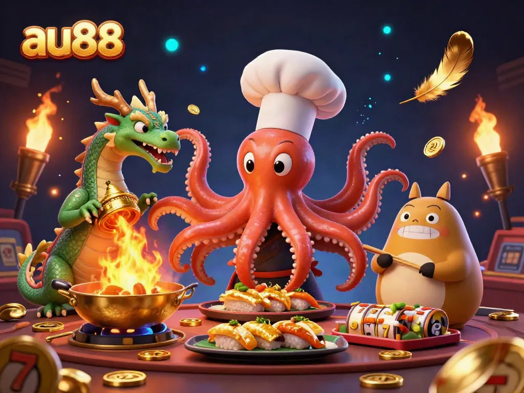 Engage in excitement at au88 with a dynamic 3D casino scene featuring a sushi chef octopus, dragon, and tanuki customer.