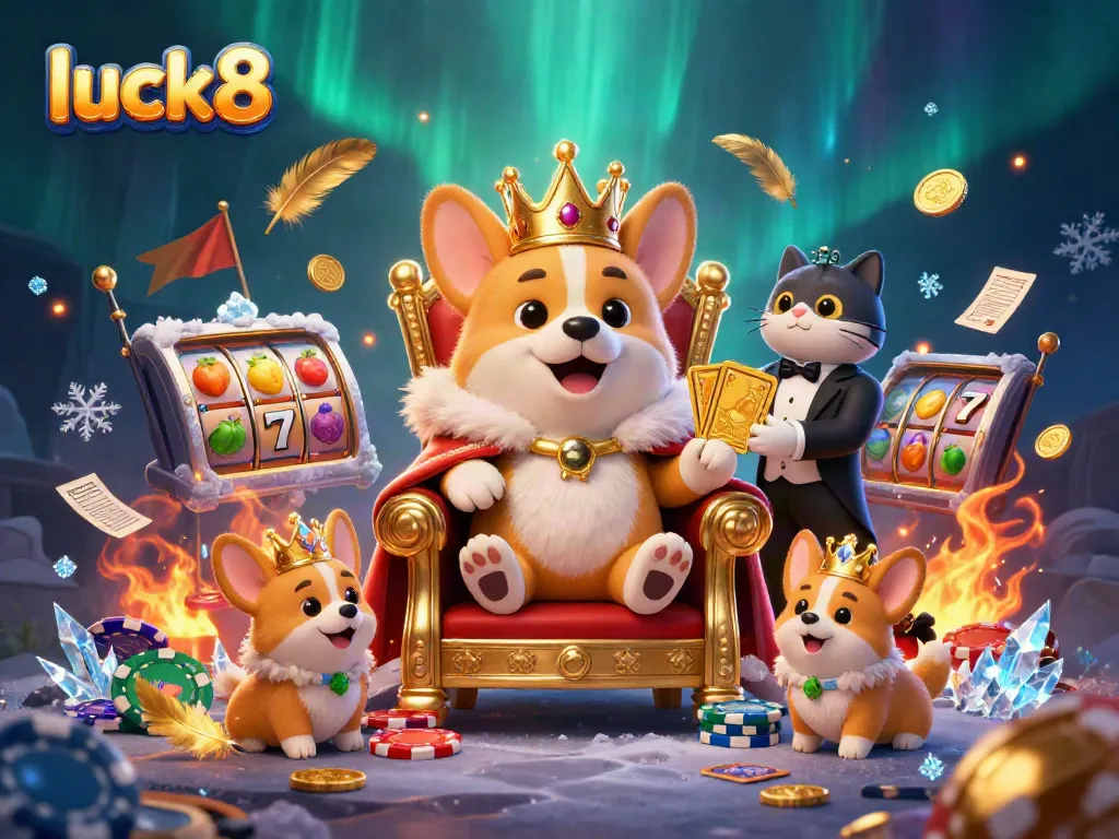 Experience ultimate fun at Luck8 with royal corgi surrounded by riches in a vibrant casino scene.