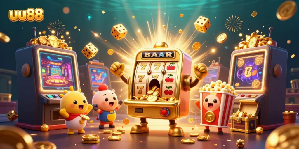uu88 slot machine hitting a jackpot with coins pouring out in a vibrant and dynamic casino scene.