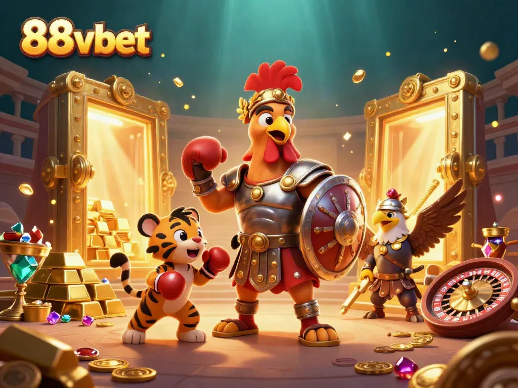 Engage with vibrant 88vbet gaming elements in a dynamic 3D scene featuring a gladiator rooster.