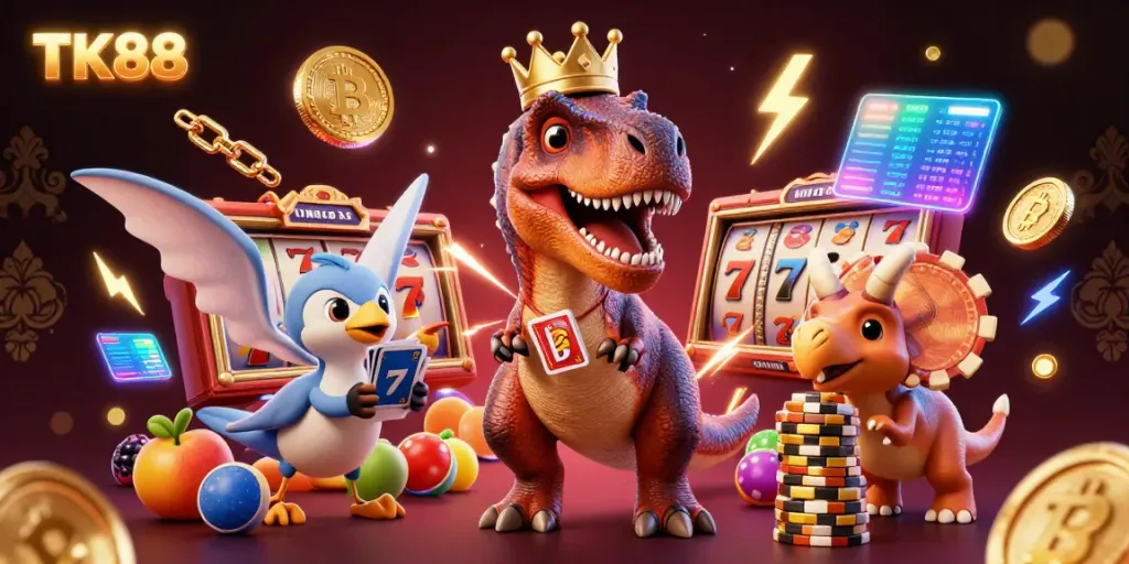 Experience exciting card games with TK88 featuring vibrant characters and casino elements in a 3D cartoon style.