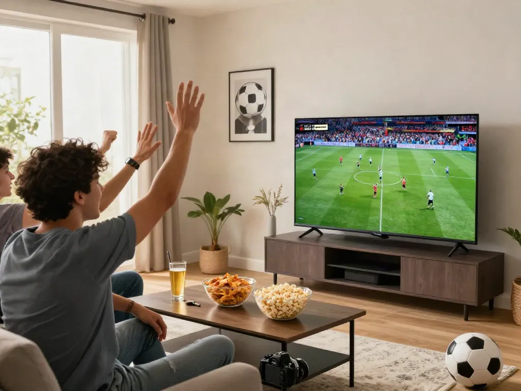 Exciting celebration during a football match on Xoilactv in a cozy living room.