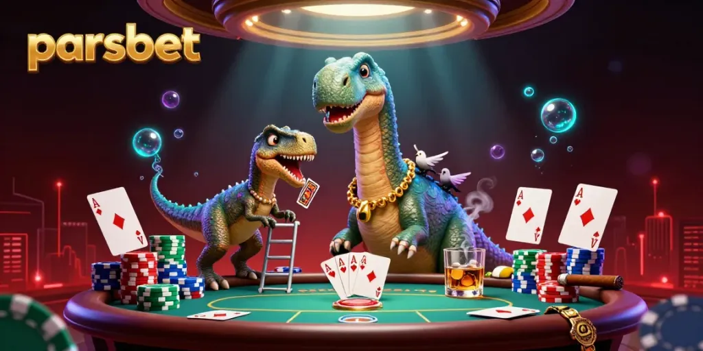 Experience the grandeur of parsbet with a towering dinosaur at a poker table surrounded by vibrant casino elements.