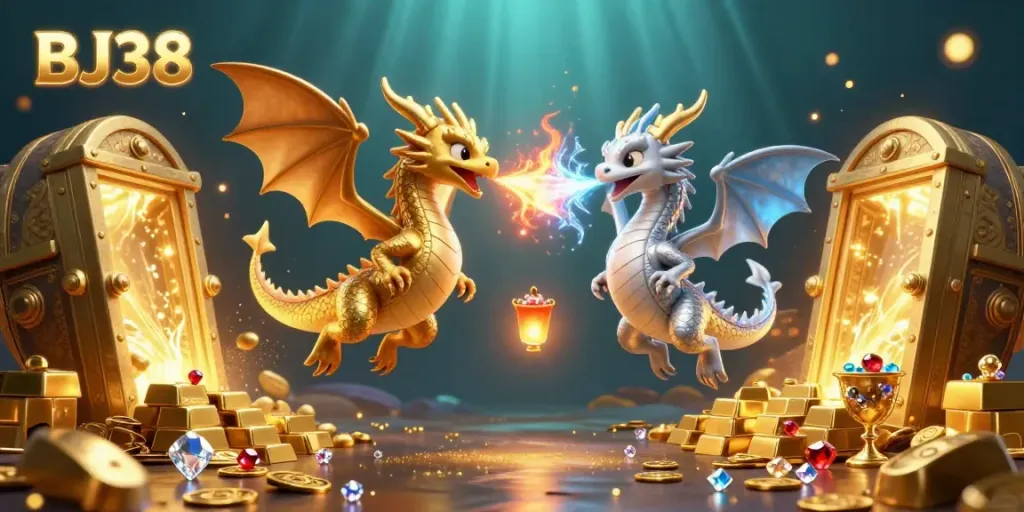 Engage with BJ38's captivating 3D casino scene featuring gold and silver dragons amid treasure and vibrant elements.