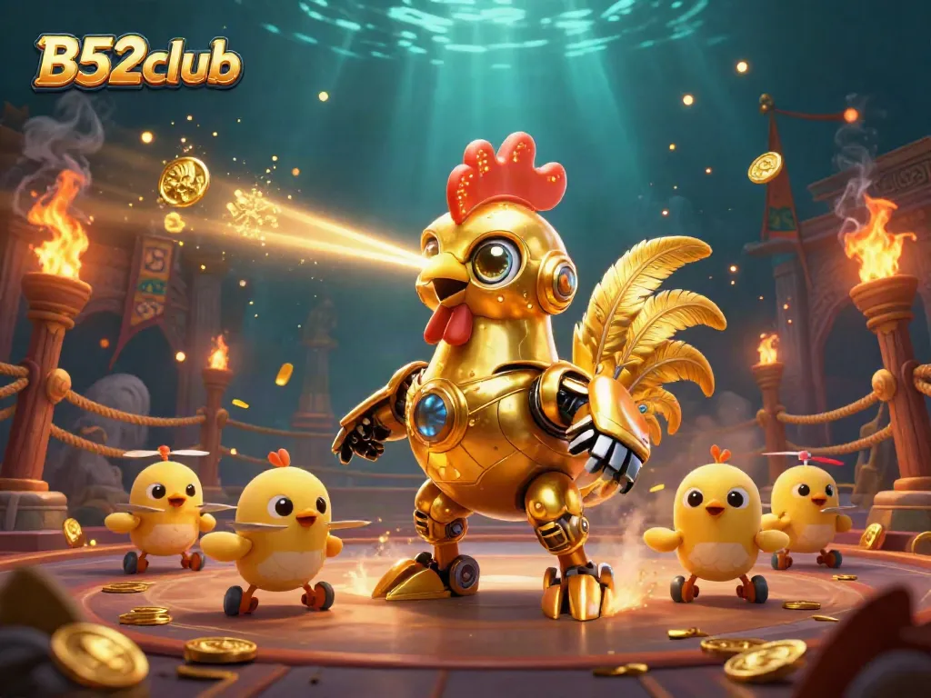Experience thrilling gameplay at B52club with unique 3D illustration featuring vibrant characters and casino elements.