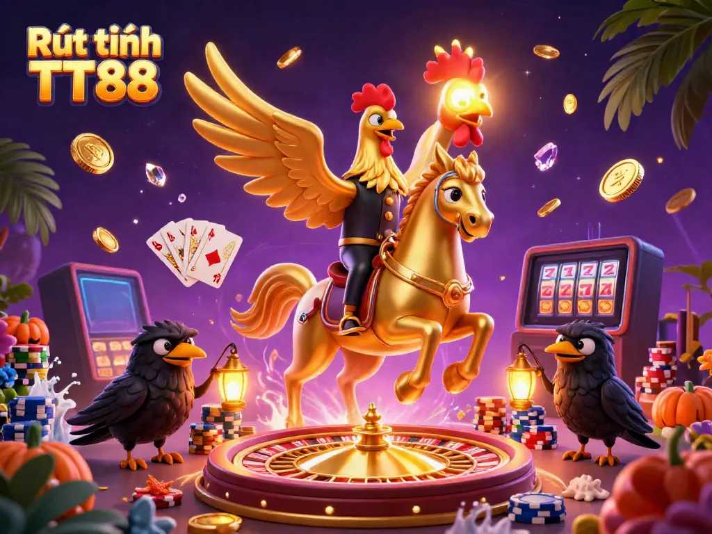 Rút tiền TT88 - Golden rooster in a casino scene with coins and jewels.