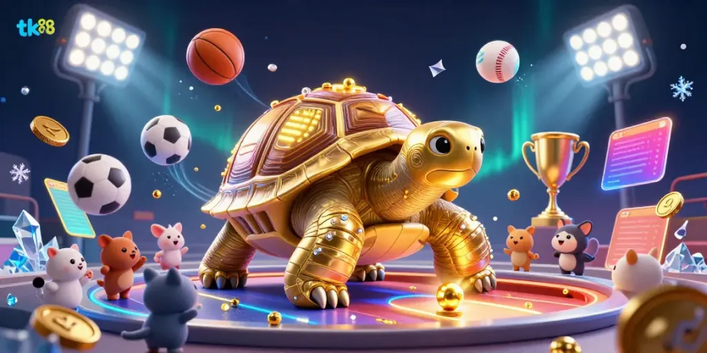 Engaging scene featuring TK88 casino elements with a golden tortoise and vibrant sports balls, showcasing excitement and fun.