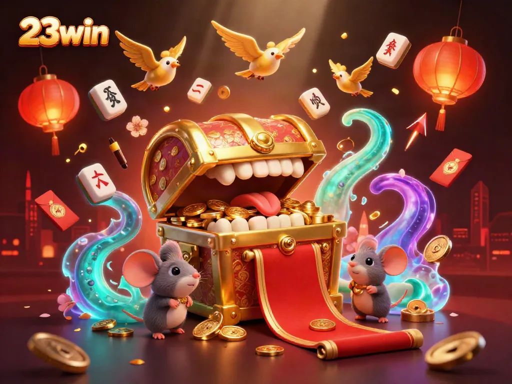 Experience 23win's thrilling gaming with golden treasure chests and dynamic elements in an immersive scene.