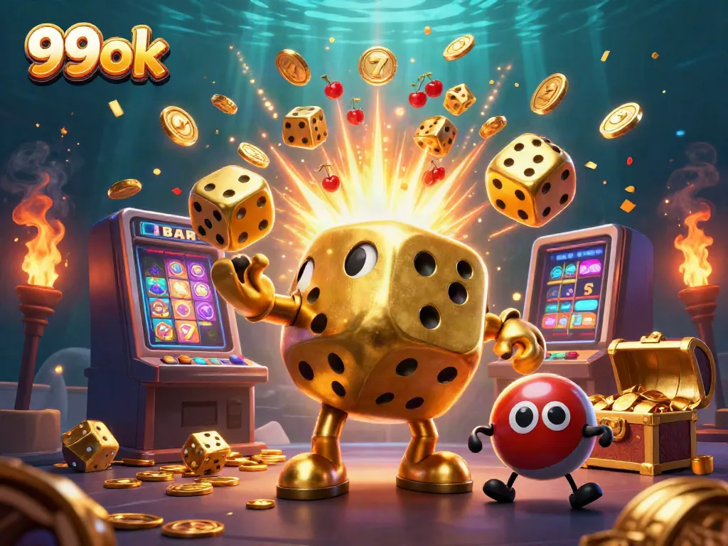 Experience the excitement of casino gaming with the 99ok golden dice golem juggling jackpots in a vibrant scene.