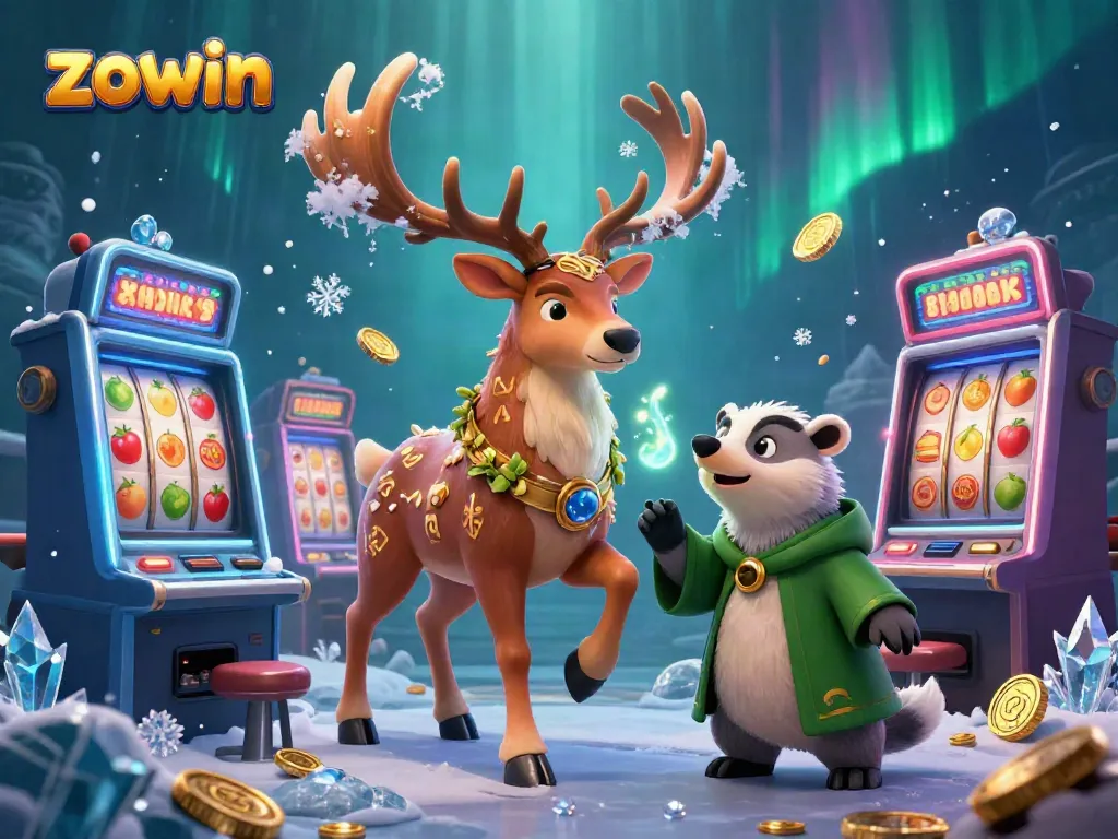 Zowin's vibrant casino scene featuring druid stag and wise badger amidst colorful slot machines and sparkling mystic elements.