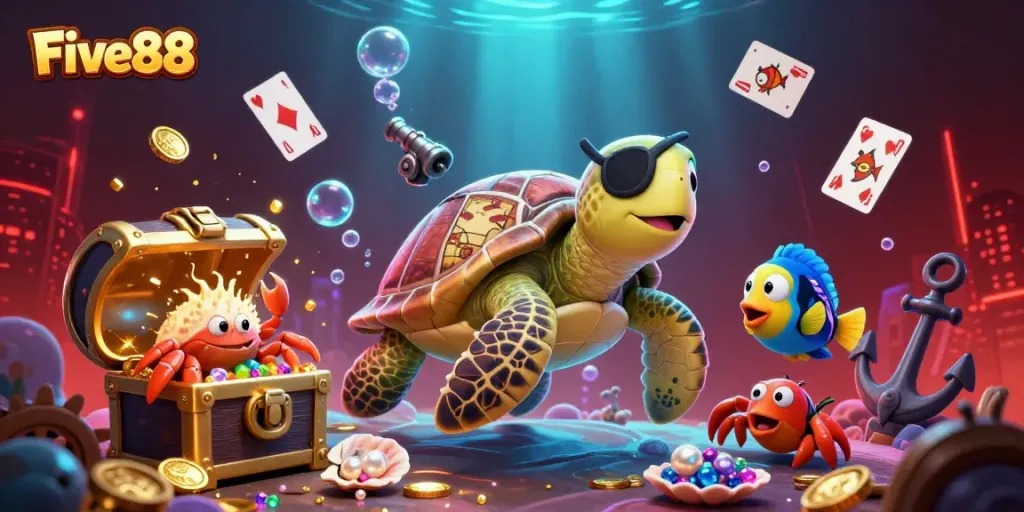Experience excitement with the Five88 themed underwater adventure featuring playful sea creatures and treasure.
