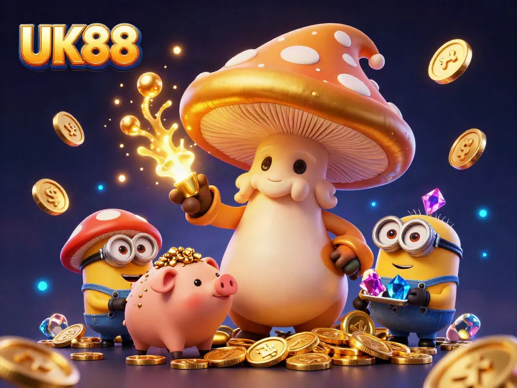 Engage with UK88 through this vibrant illustration of a golden mushroom wizard in a dynamic gambling setting.