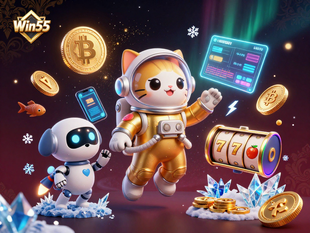 Win55 visualizes space cats and crypto elements in an engaging illustration, promoting casino excitement.