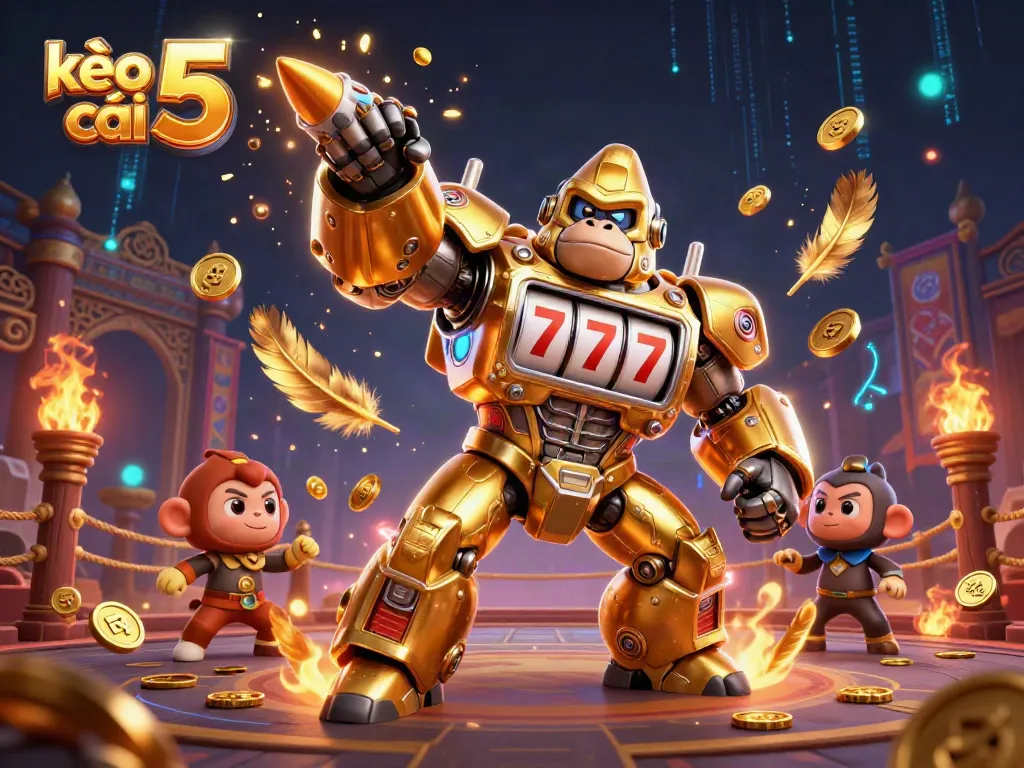 Engage with kèo nhà cái 5 in an epic sports betting showdown featuring dynamic transformer-style characters.