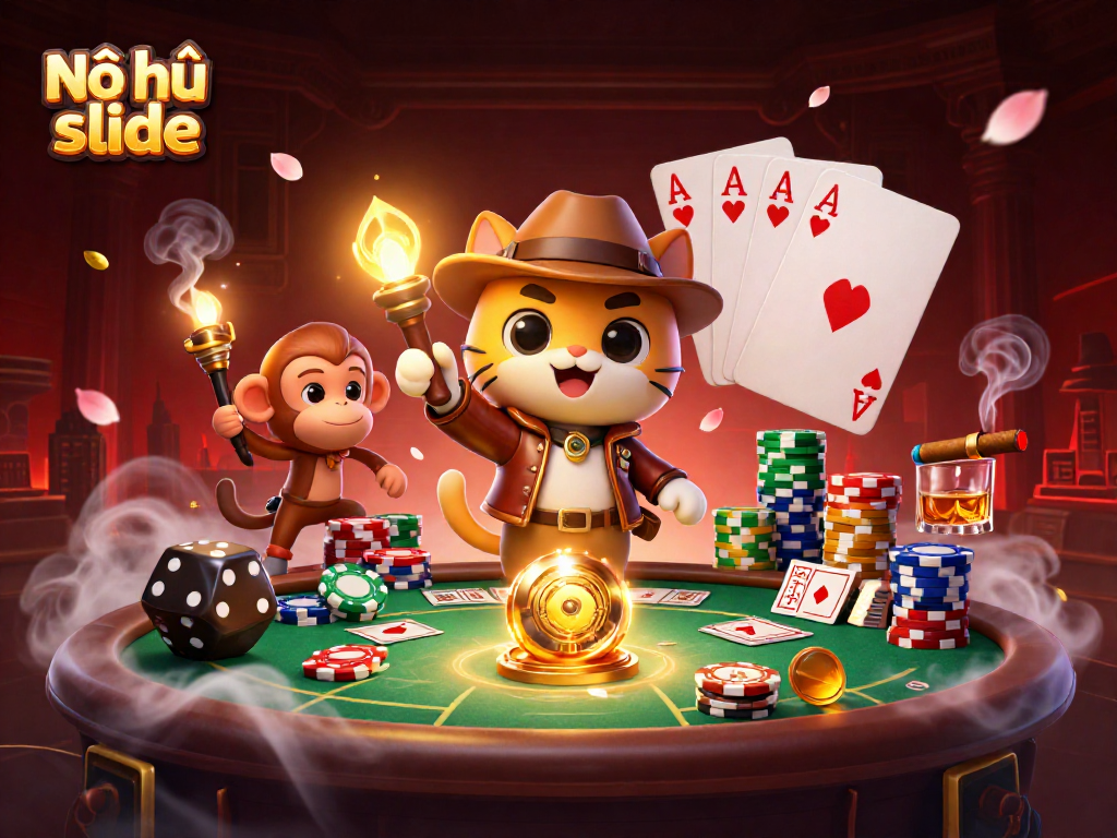 Nổ hũ slide game scene features an explorer cat and monkey among casino artifacts and dice.