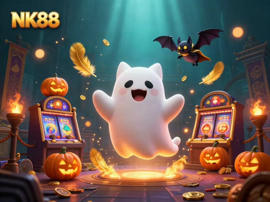 Experience the thrilling NK88 ghost cat and vampire bat in a vibrant casino scene.