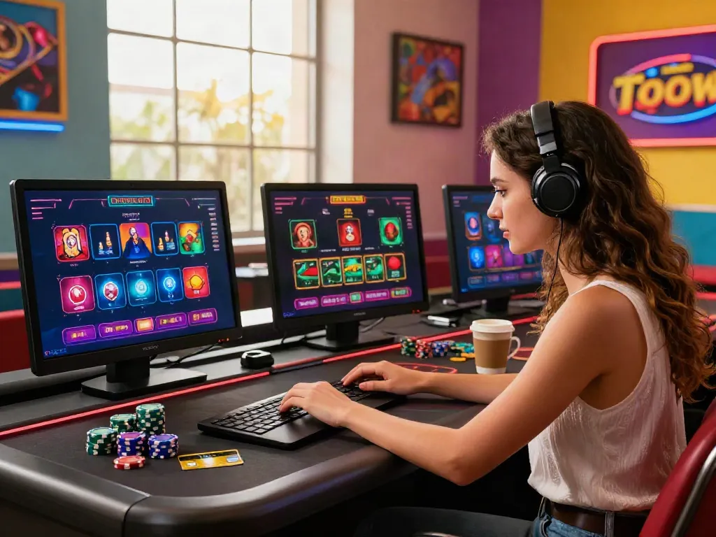 Engaging scene of a young woman playing at new credit card casinos on her laptop, surrounded by vibrant gaming decor.