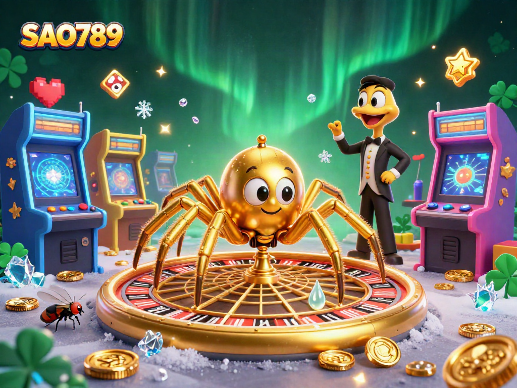 SAO789 spins thrilling bets with a golden spider and centipede in a rich casino scene.