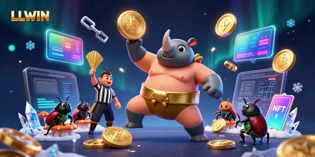 Experience the thrill of LLWIN with our mascot, a sumo beetle, triumphing in a vibrant casino scene.