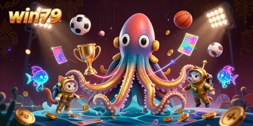 Experience the excitement of win79 as a cartoon kraken encounters a diving cat amidst vibrant sports elements.