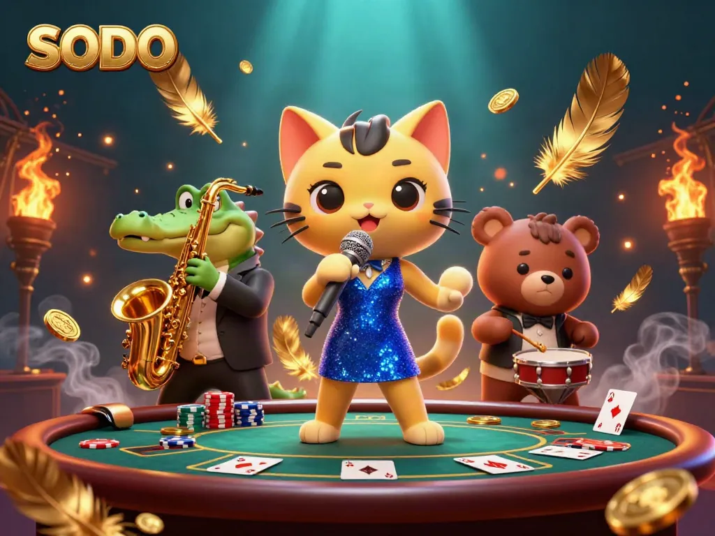 Experience the lively SODO casino scene featuring a jazz-singer cat, saxophone-playing crocodile, and drum-playing bear cub.