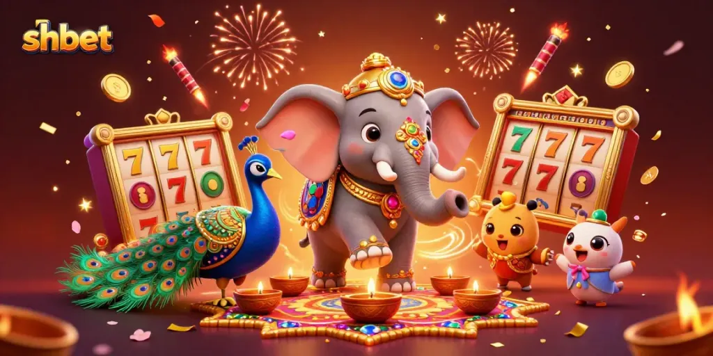 Engage with shbet's vibrant 3D casino scene featuring an ornate elephant and slot elements.