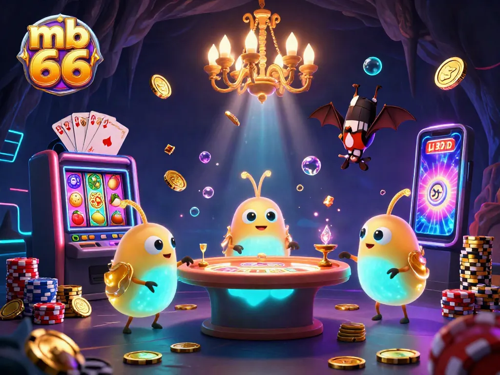 Experience the excitement of mb 66 with glowing characters illuminating a vibrant slot machine scene.