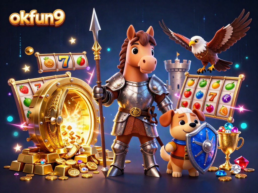 Experience the excitement of okfun9 with a medieval knight, squire puppy, and falcon amidst magnificent casino treasures.