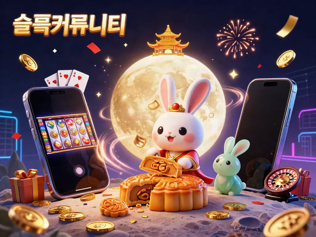 Experience the vibrant 슬롯커뮤니티 with a mythical moon rabbit revealing poker chips amidst a festive casino atmosphere.