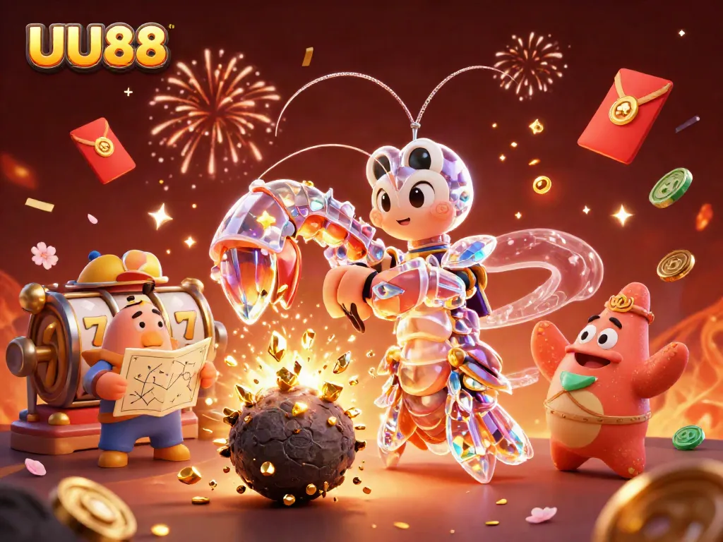 Experience thrilling gameplay at UU88, where a galactic samurai and friends celebrate wins amidst dazzling slot reels and confetti.