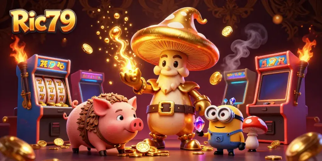 Experience the magic of Ric79 with a captivating casino scene featuring a golden mushroom wizard and treasure-hunting pig.