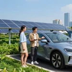 Electric vehicle highlighting EV technology charging at a solar-powered station with diverse people discussing features.