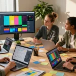 Team brainstorming ideas on a mix board in a lively digital workspace with laptops and visuals.