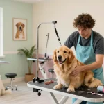 Grooming services in York featuring a professional groomer washing a relaxed golden retriever in a bright, inviting salon.