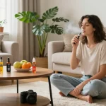THC vape juice displayed alongside wellness journal and fresh fruit in a relaxing living room.