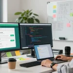 WhatsApp下載 on a digital workspace with monitors and coding tools.