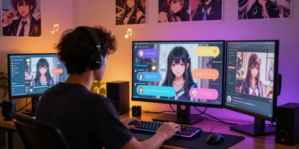 Engaging scene of ai chat hentai interaction with animated characters and vibrant digital elements in a cozy room.