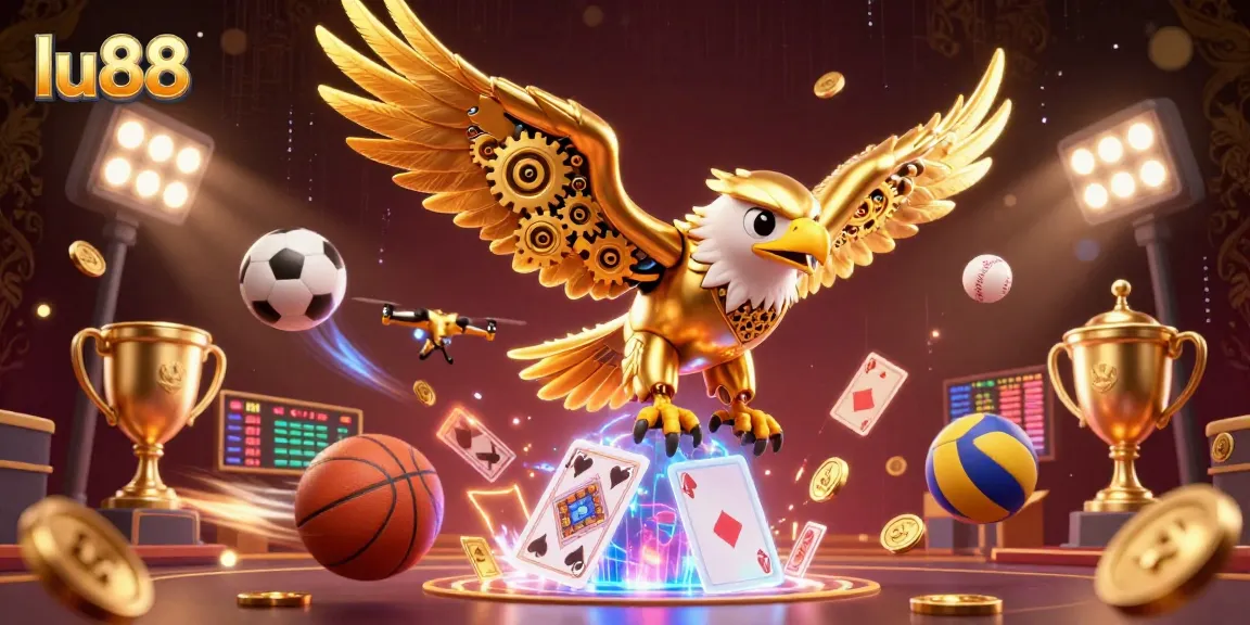 Win big at lu88 with an action-packed scene featuring a golden eagle and sports elements.