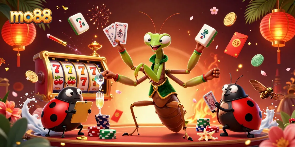 Experience the thrill of mo88 with lively slot reels and unique casino characters showcasing winning moments.