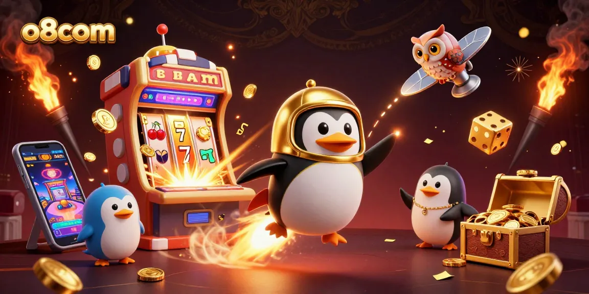 Experience thrilling gaming adventures with o8com featuring a golden penguin and vibrant casino elements.